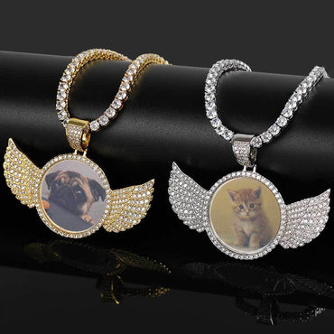 Custom Angel Wings Round Photo Pendant Necklace with Zircon Stones for Men | Caratix Jewelry - CaratixJewelry