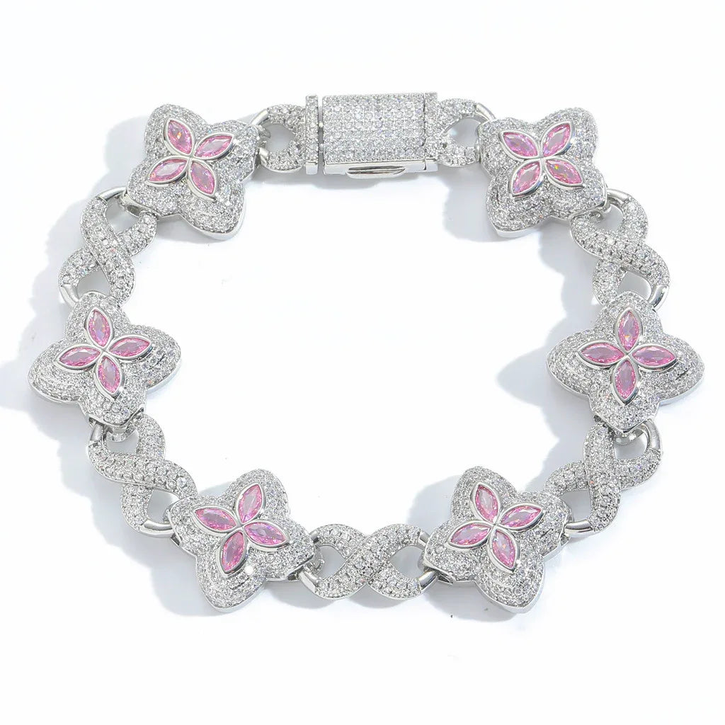 Premium 5A Pink Zircon Clover Bracelet | Unisex High-End Bling Jewelry | Caratix - CaratixJewelry