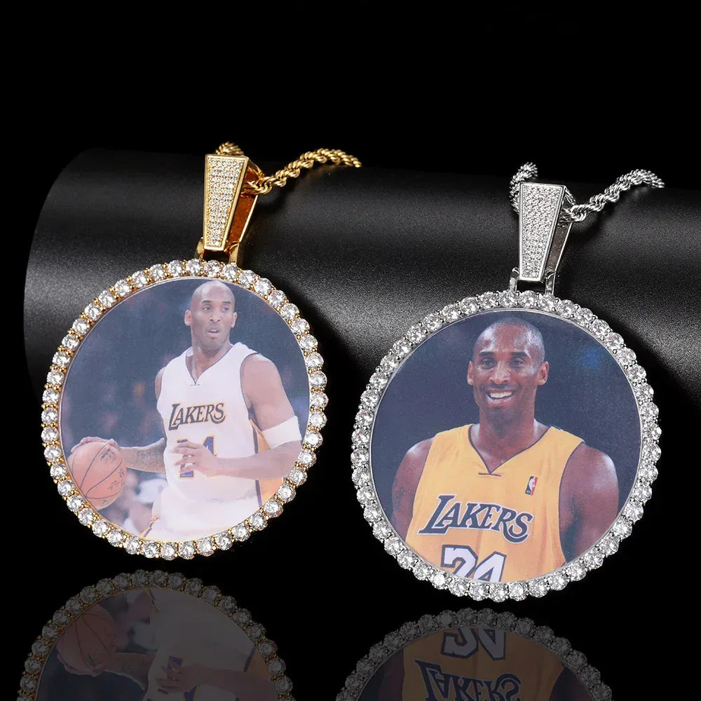 Custom Large Round Photo Pendant Necklace with Zircon Stones for Men | Caratix Jewelry - CaratixJewelry