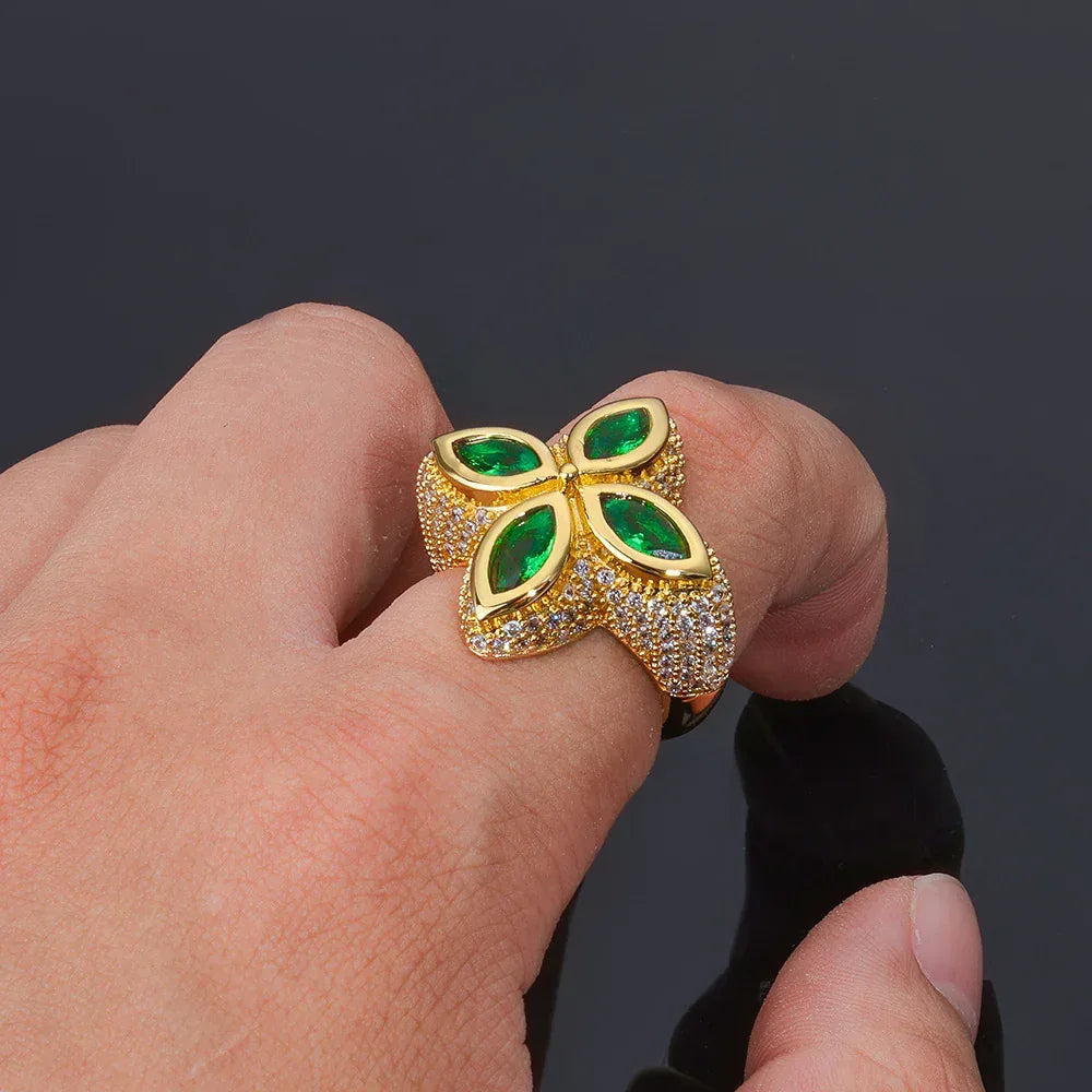 Men's Full Zircon Multi-Color Clover Ring | Iced Out Gemstone Statement Band | Premium Hip Hop Jewelry | Caratix - CaratixJewelry