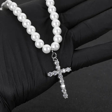 Simple Cross Pendant Pearl Necklace for Men and Women | Trendy Hip Hop Jewelry | Caratix Jewelry - CaratixJewelry