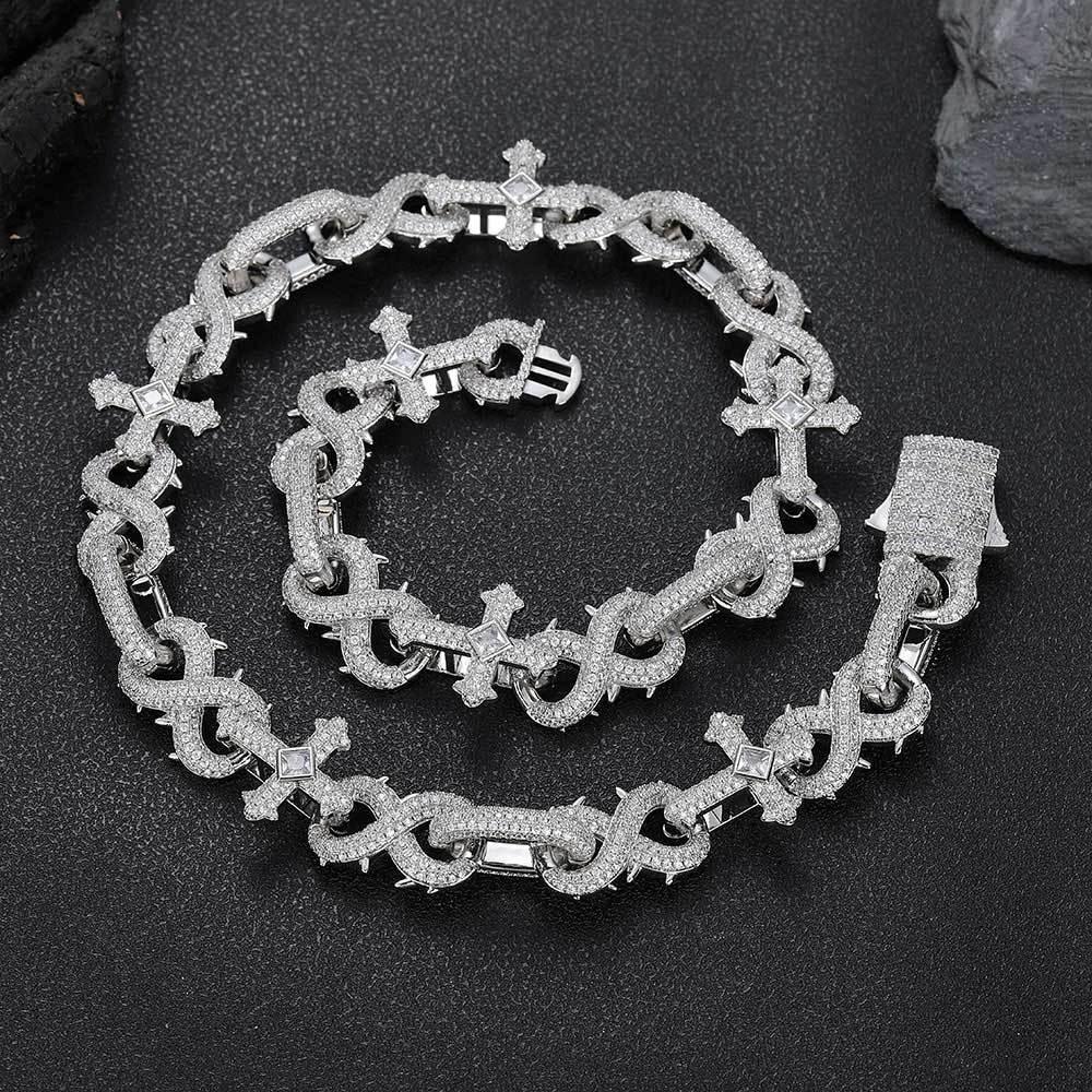 Thorn Cross Moissanite Cuban Link Chain with Figure-8 Clasp – Custom S925 Sterling Silver Iced-Out Hip Hop Men’s Streetwear Necklace - CaratixJewelry