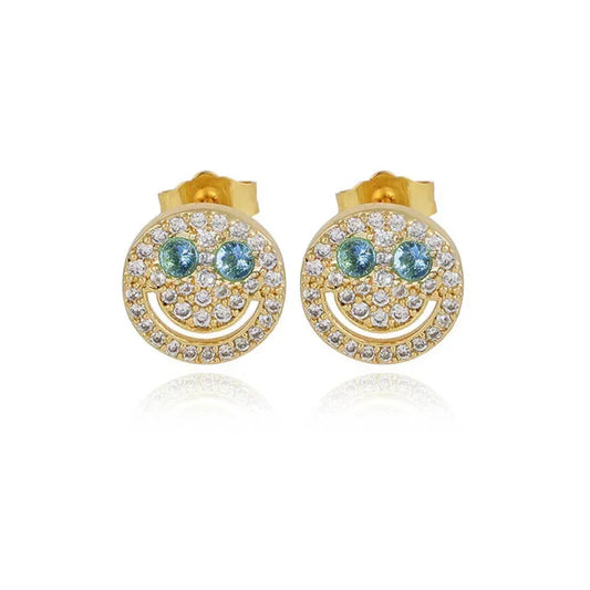 Full Zircon Smile Face Stud Earrings with 925 Silver Pin | Eyefunny 18K Gold Plated Hip Hop Jewelry | Caratix Jewelry - CaratixJewelry