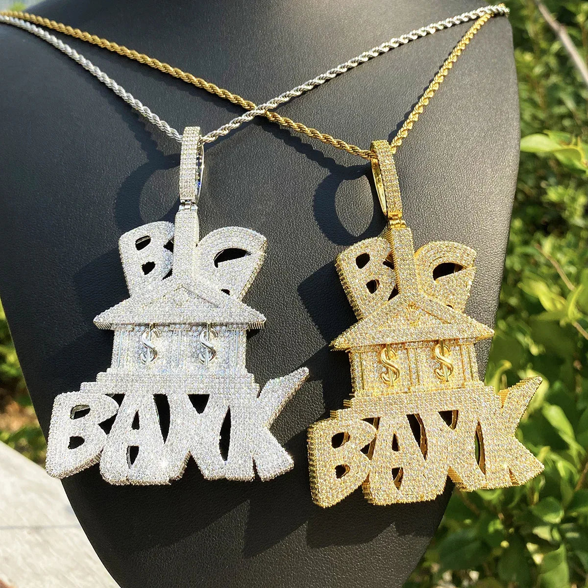 Iced Out "Big Bank" Letter Pendant | Men's Real Copper Money Statement Necklace - CaratixJewelry