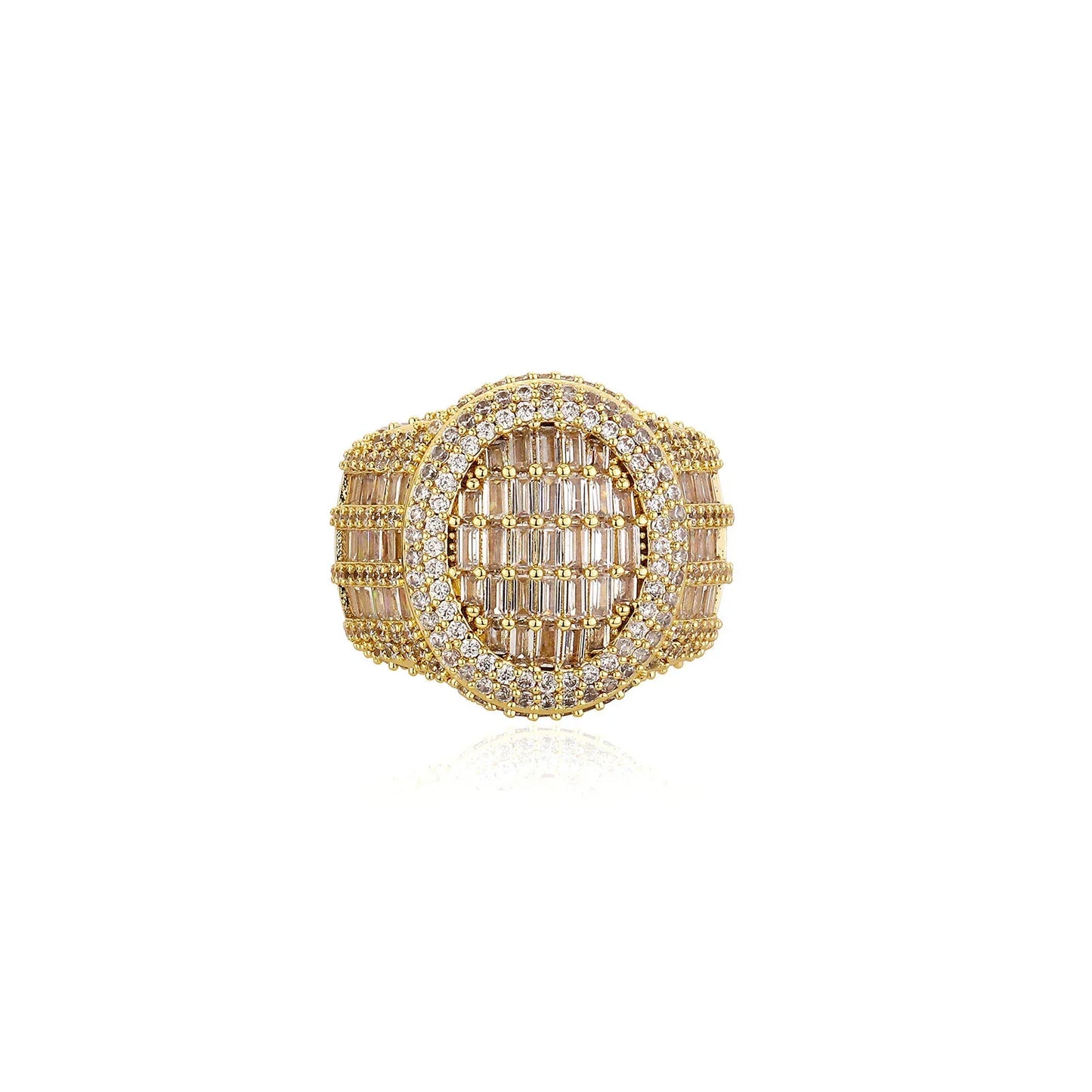 Men's Iced Out Round Signet Ring | Baguette Cut Retro Hip Hop Band | Caratix