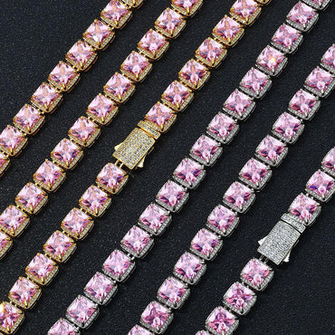 Custom 10mm Pink Baguette Sugar Link Necklace Hip Hop Bling | Caratix - CaratixJewelry