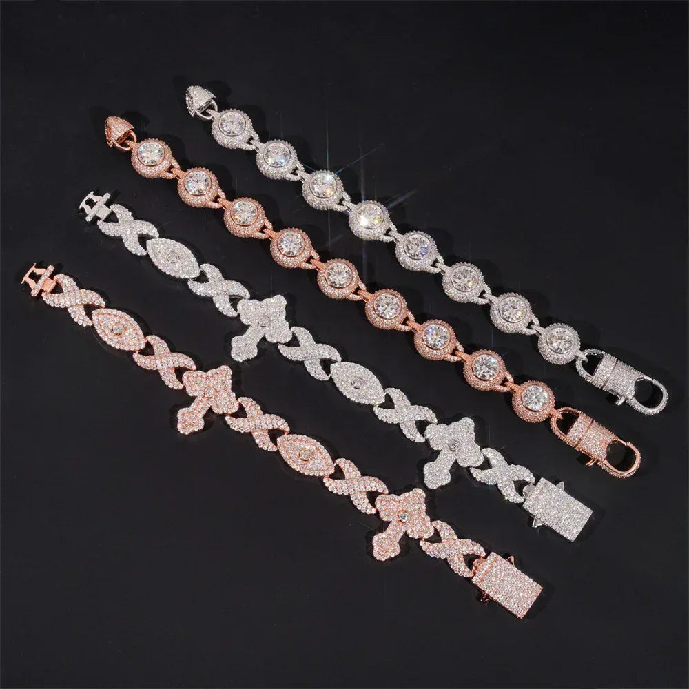 12mm Moissanite Eye & Cross Cuban Link Bracelet – S925 Sterling Silver Iced-Out Hip Hop Men’s Streetwear Jewelry - CaratixJewelry