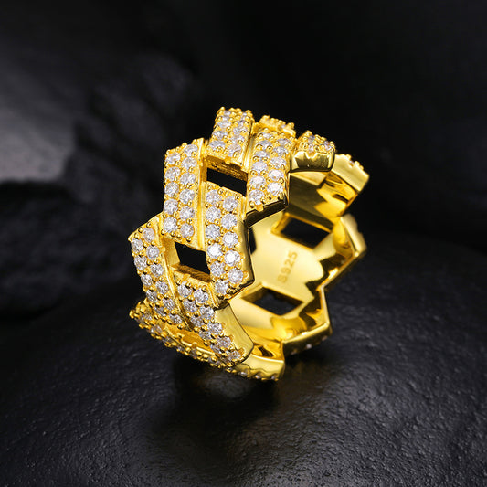 S925 Sterling Silver Geometric Rhombus Ring – Full Iced-Out Moissanite Hip-Hop Band