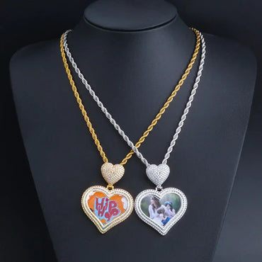 Custom Heart Photo Pendant Necklace with Zircon Stones for Men | Caratix Jewelry - CaratixJewelry