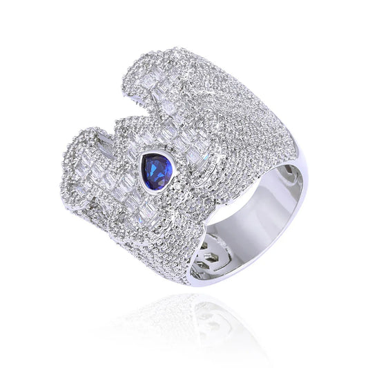 Women's Custom Blue Teardrop Ring | Baguette & Round Hybrid Pave Band | Caratix