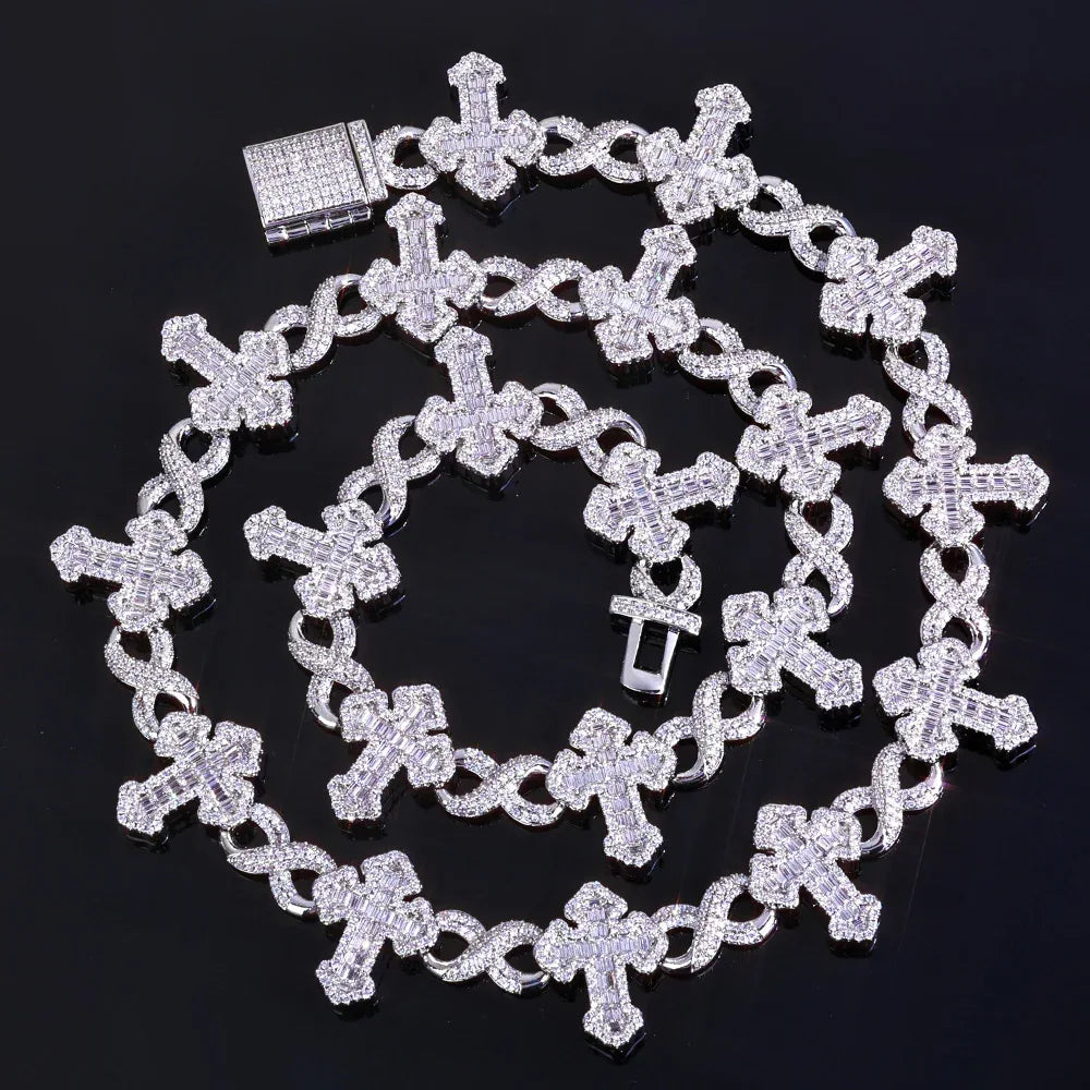 Custom 15mm Mixed Baguette Cross Necklace | Infinity 8-Link Rapper Iced Out Chain | Caratix - CaratixJewelry