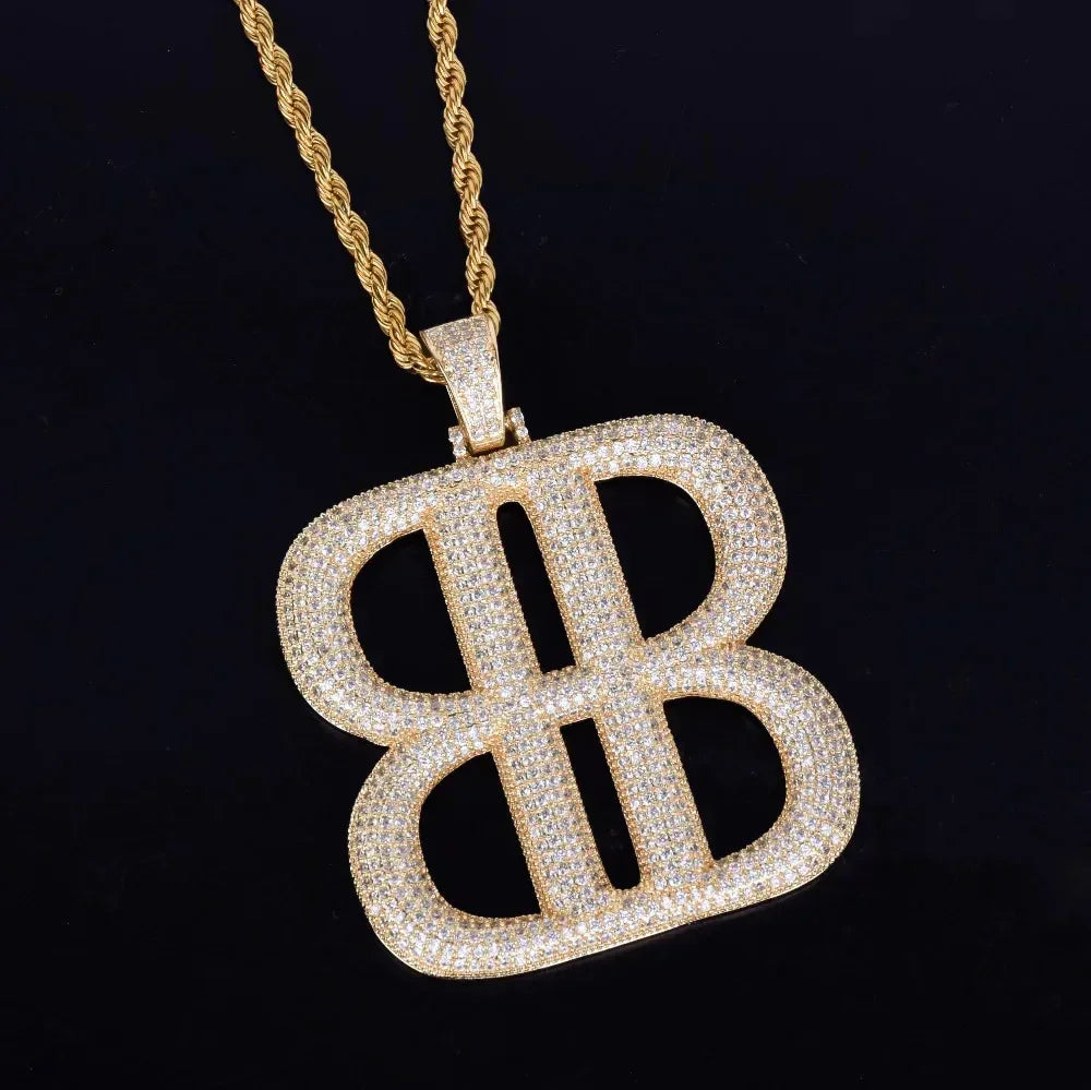 Iced Out Double "B" Letter Pendant | Men's Symmetrical Monogram Necklace | Premium Copper CZ Initial Jewelry | Luxury Designer Style Bling | Caratix - CaratixJewelry