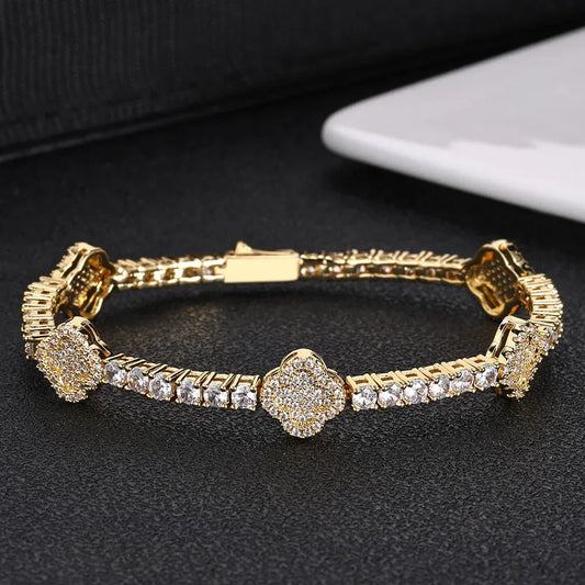 Men's Spring-Clasp Clover Tennis Bracelet | Luxury 5A Zircon Handpiece | Premium Iced Out Jewelry | Caratix - CaratixJewelry