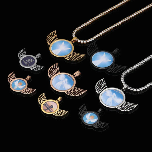 Winged Round Photo Frame Pendant Necklace with Customizable Photo for Men | DIY Stainless Steel Necklace | Caratix Jewelry - CaratixJewelry