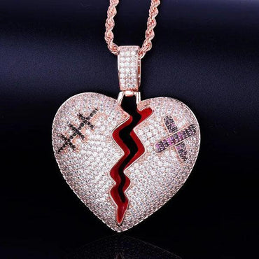 Iced Out Shattered Heart Pendant | Men's Real Copper CZ Necklace - CaratixJewelry
