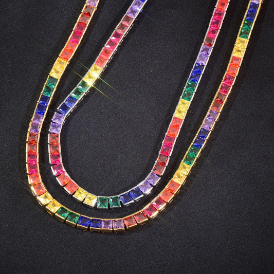 Single Row Rainbow Tennis Chain Necklace with Copper & Colorful Zircon | Hip Hop Jewelry | Caratix Jewelry - CaratixJewelry