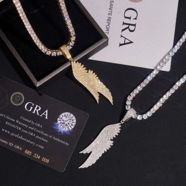 S925 Sterling Silver Moissanite Angel Wings Pendant | Iced Out Guardian Charm | Caratix