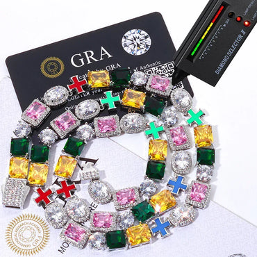 10mm Colorful Gemstone Moissanite Cross Necklace for Men – S925 Sterling Silver Luxury Hip Hop Jewelry - CaratixJewelry
