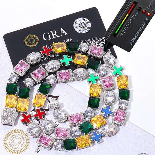 10mm Colorful Gemstone Moissanite Cross Necklace for Men – S925 Sterling Silver Luxury Hip Hop Jewelry - CaratixJewelry
