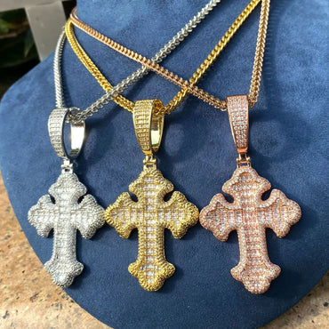 Iced Out Baguette Cross Pendant | Men's Real Copper CZ Necklace - CaratixJewelry
