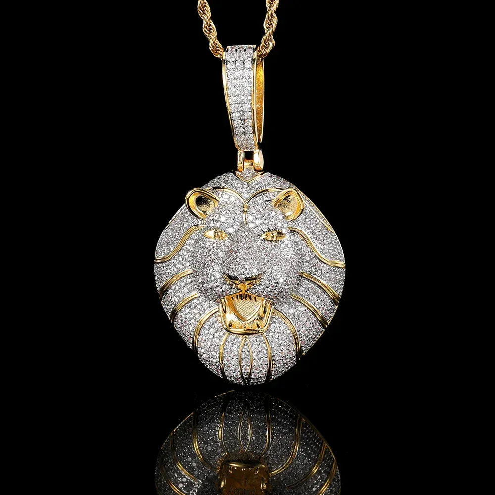 Solid Lion Head Pendant Necklace with Micro-Pave Zircon and Gold Plating for Men | Caratix Jewelry - CaratixJewelry