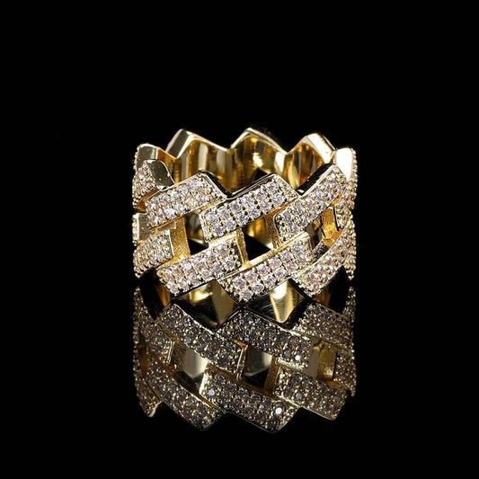 14mm -Shaped Cuban Ring with Double Row Zircon Stones and 18K Gold Plating for Men | Trendy Hip Hop Jewelry | Caratix Jewelry - CaratixJewelry