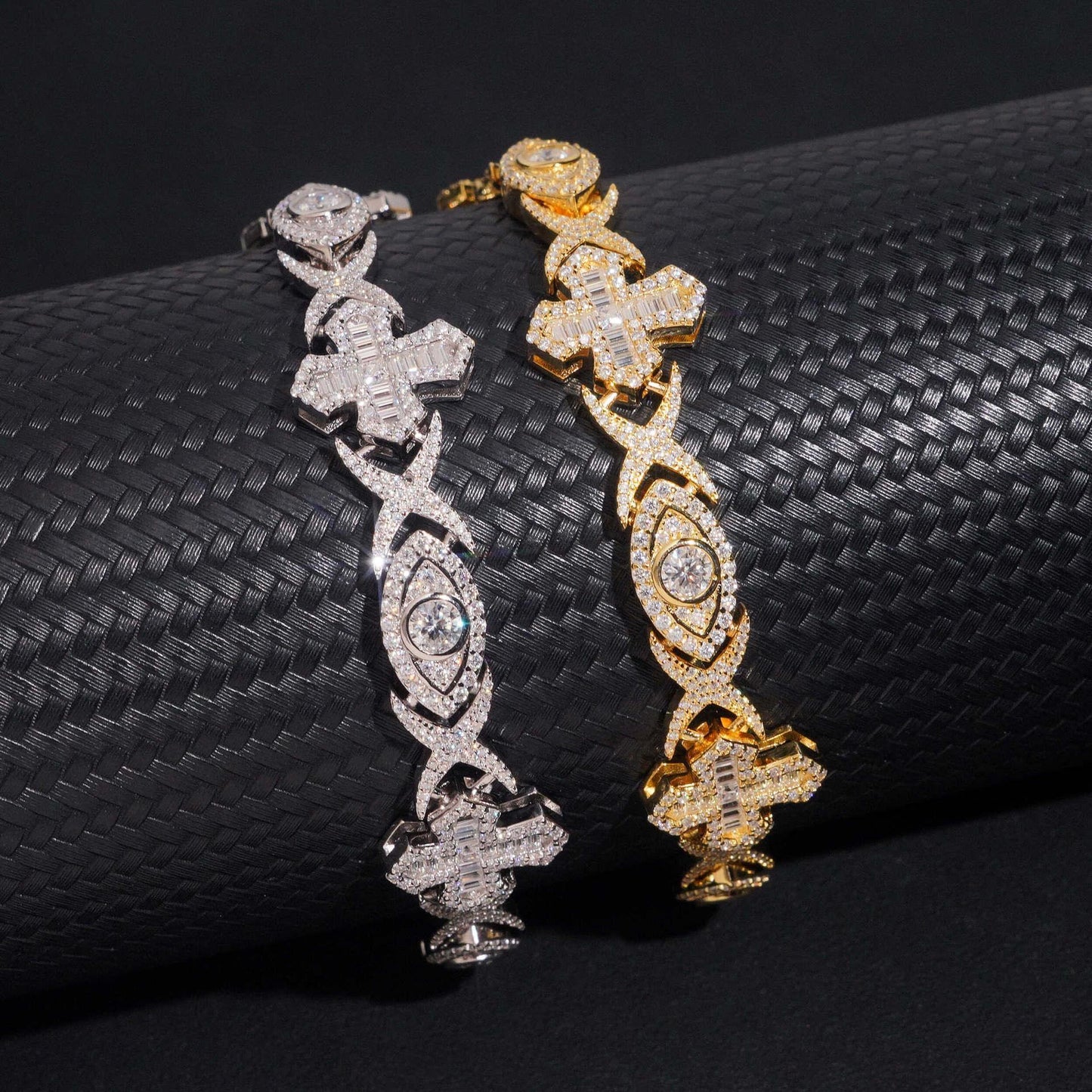 14mm Moissanite Cuban Link Bracelet with Cross & Eye Design – S925 Sterling Silver Iced-Out Hip Hop Streetwear Jewelry - CaratixJewelry