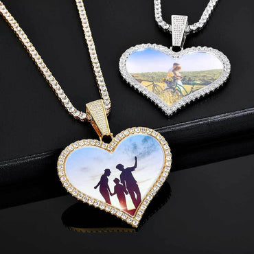 Large Heart Photo Frame Pendant Necklace with DIY Zircon Stones for Men | Caratix Jewelry - CaratixJewelry