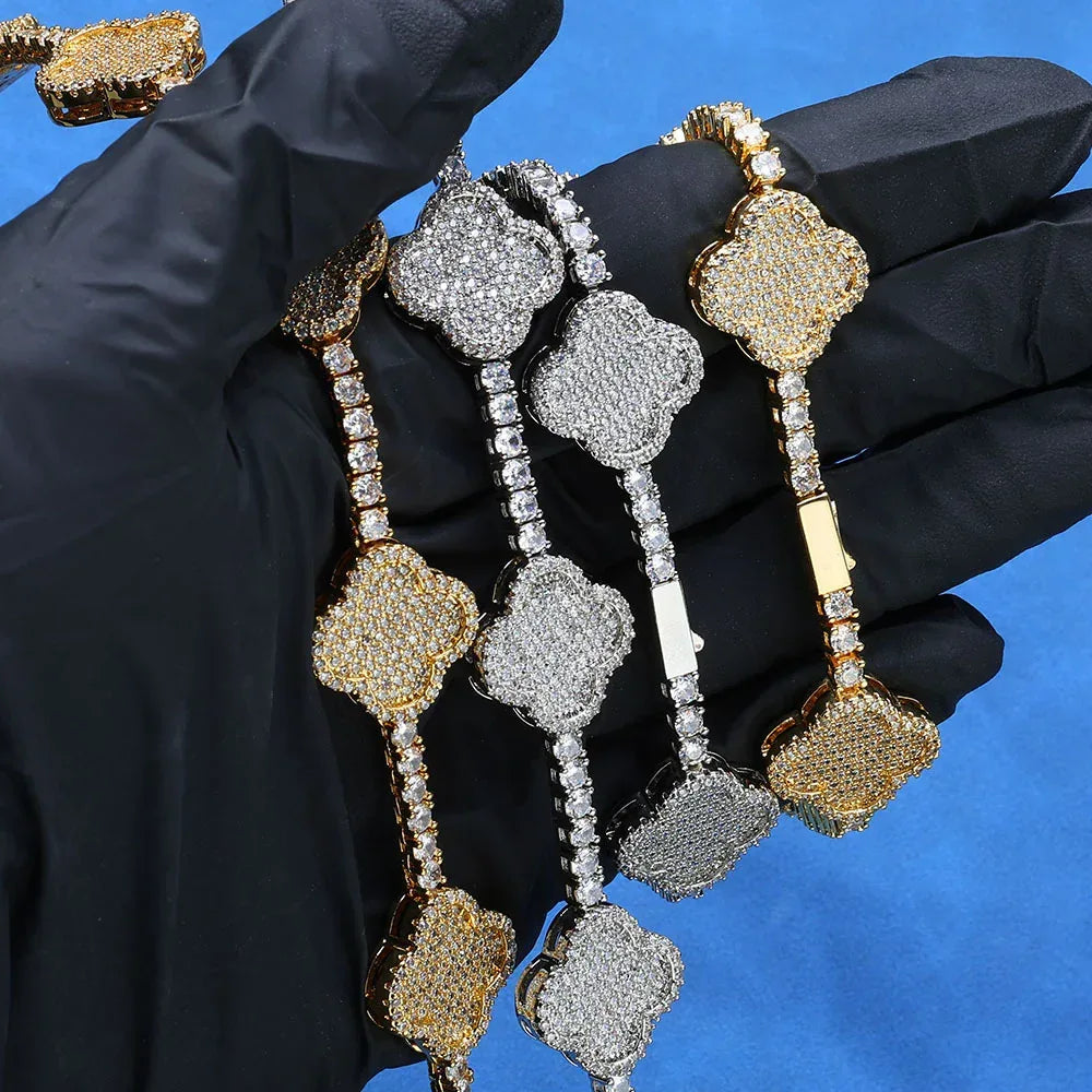 Women's S925 Sterling Silver Clover Tennis Bracelet | Iced Out Zircon Handpiece - CaratixJewelry