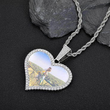 Large Heart Photo Frame Pendant Necklace with DIY Zircon Stones for Men | Caratix Jewelry - CaratixJewelry
