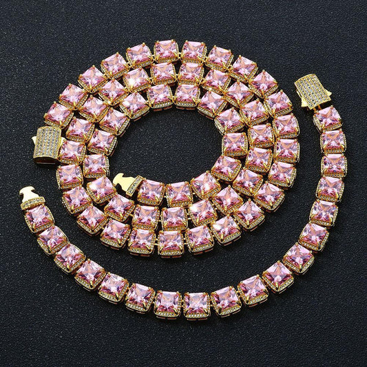 Custom 10mm Pink Baguette Sugar Link Necklace & Bracelet Hip Hop Bling | Caratix - CaratixJewelry