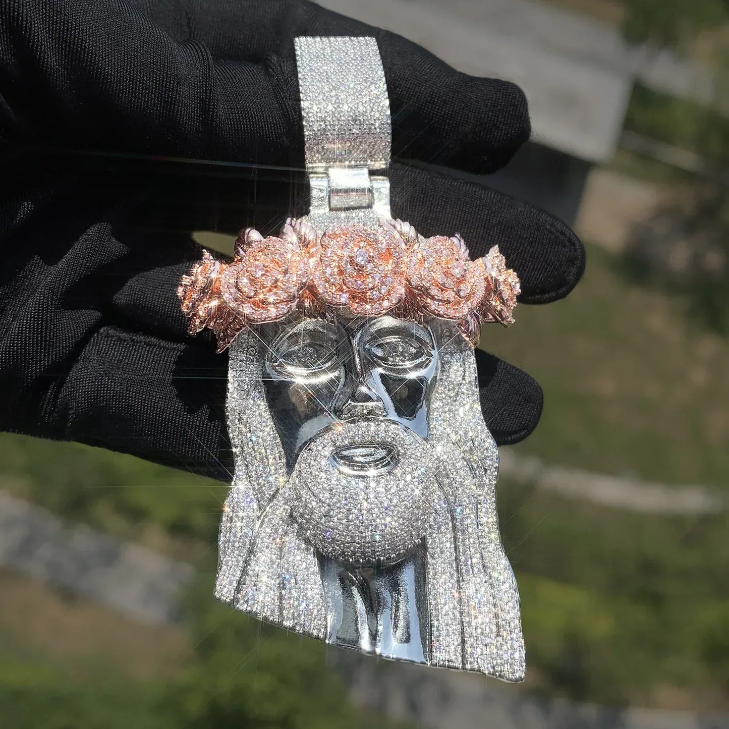 Iced Out Jesus Rose Pendant Necklace for Men – Hip Hop CZ Streetwear Jewelry - CaratixJewelry
