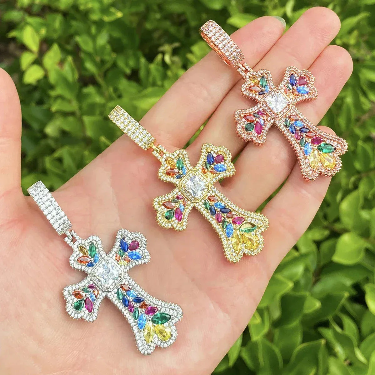 Luxury Multi-Color Iced Out Cross Pendant for Men | Hip Hop Rainbow Zircon Necklace | Genuine Copper CZ Jewelry | Senior Sense Bling | Caratix - CaratixJewelry