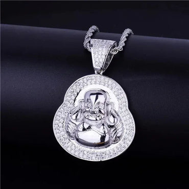 Iced Out Laughing Buddha Pendant | Men's Lucky Hip Hop Necklace | Premium Copper CZ Maitreya Jewelry | Wealth & Good Fortune | Caratix - CaratixJewelry