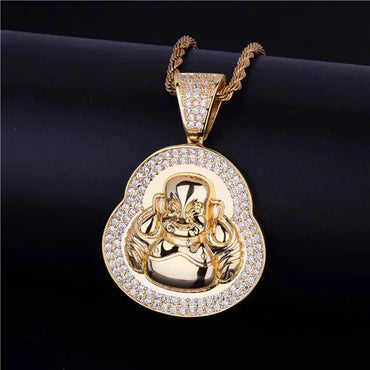 Iced Out Laughing Buddha Pendant | Men's Lucky Hip Hop Necklace | Premium Copper CZ Maitreya Jewelry | Wealth & Good Fortune | Caratix - CaratixJewelry
