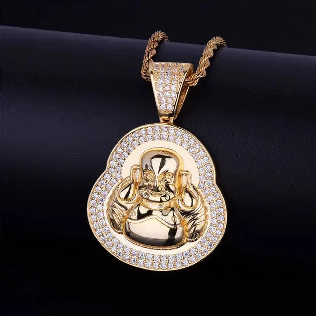 Iced Out Laughing Buddha Pendant | Men's Lucky Hip Hop Necklace | Premium Copper CZ Maitreya Jewelry | Wealth & Good Fortune | Caratix - CaratixJewelry