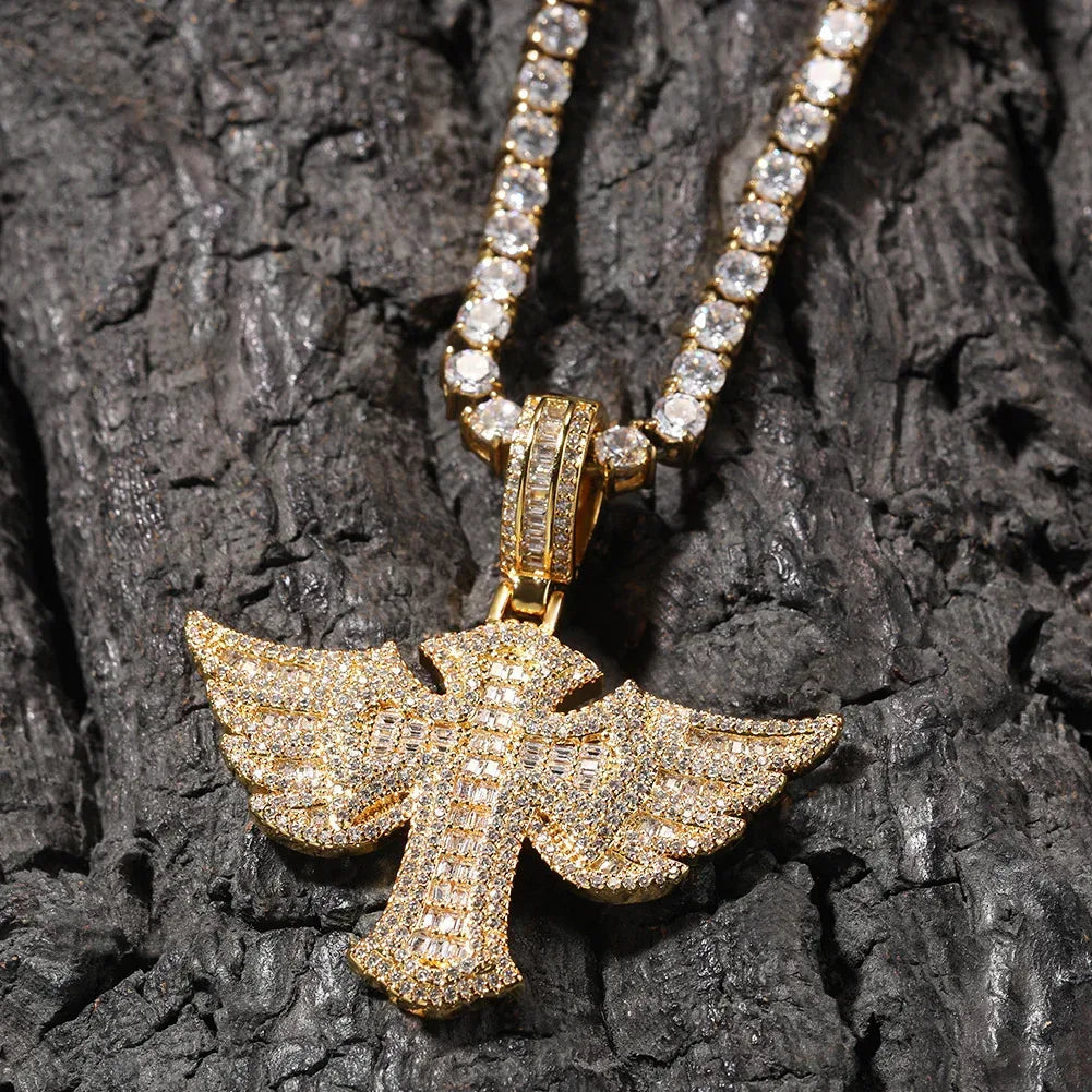Luxury Iced Out Angel Wings Cross Pendant for Men | Hip Hop Pave CZ Jewelry | Trendy Winged Cross Ice Pendant | Fashion Necklace | Caratix - CaratixJewelry