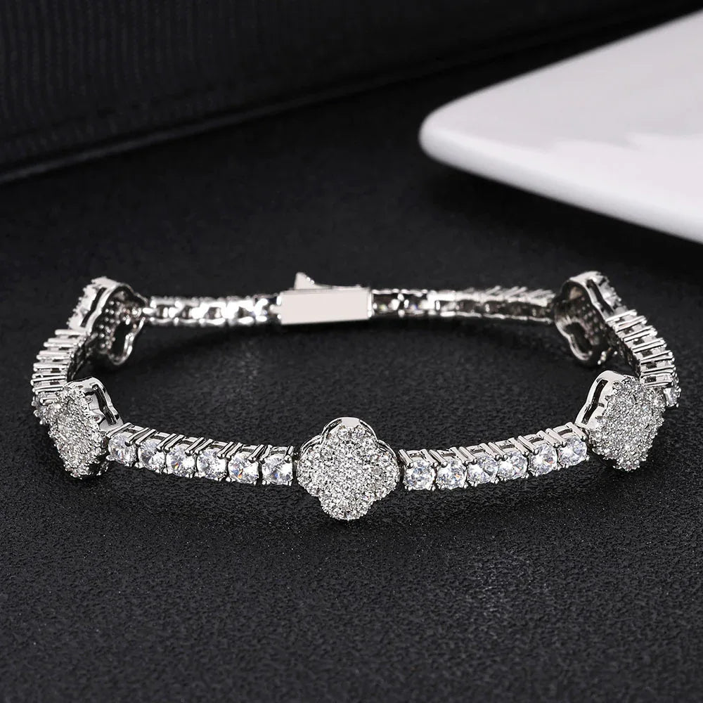 Men's Spring-Clasp Clover Tennis Bracelet | Luxury 5A Zircon Handpiece | Premium Iced Out Jewelry | Caratix - CaratixJewelry