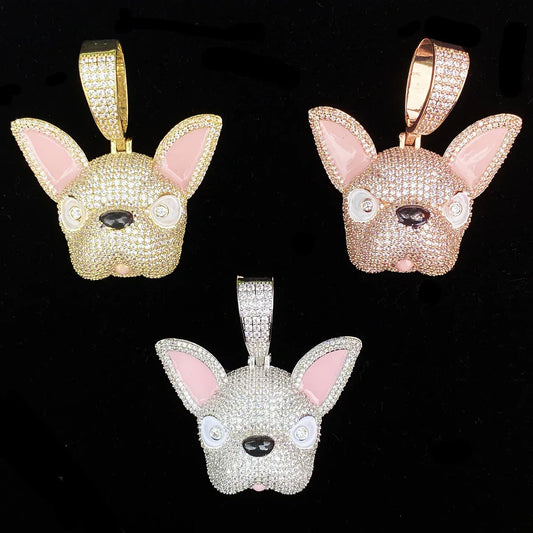 Iced Out French Bulldog Pendant | Men's Real Copper CZ Dog Head Necklace - CaratixJewelry