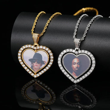 Custom Double-Sided Heart Rotating Photo Pendant Necklace with Zircon Stones for Men and Women | Caratix Jewelry - CaratixJewelry