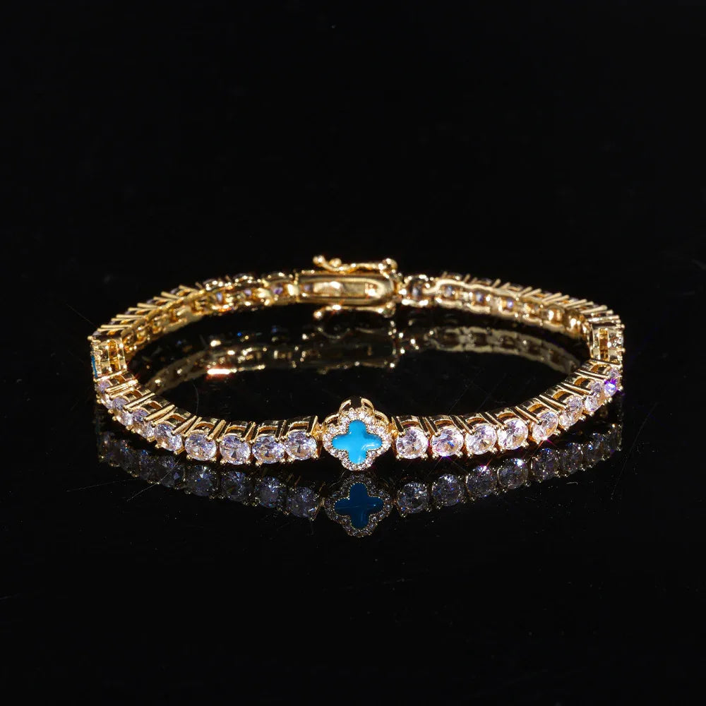 S925 Sterling Silver Moissanite Clover Bracelet | Color Enamel Tennis Chain | Tester Passed Rapper Chain Style | Caratix - CaratixJewelry