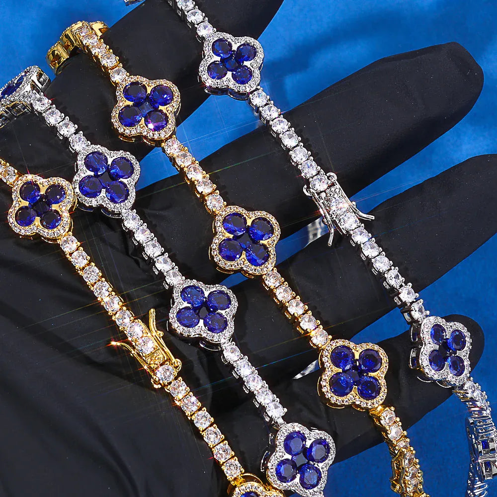 Multi-Color Clover Tennis Bracelet | Rainbow Zircon Iced Out Handpiece | Custom Gold Chain Rapper Style | Caratix - CaratixJewelry