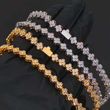 7mm Men's Full Zircon Clover & Plum Blossom Bracelet | Iced Out Floral Link Chain | Premium Iced Out Jewelry | Caratix - CaratixJewelry