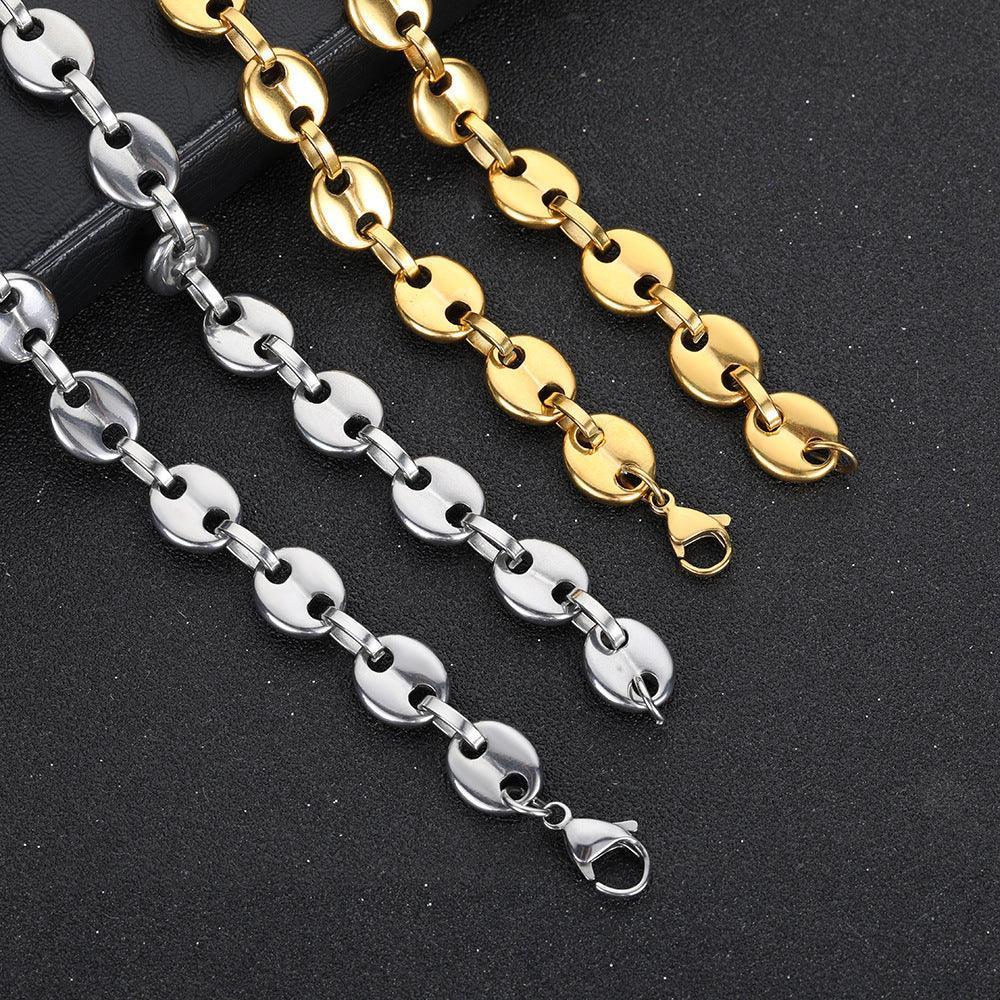 Custom 8mm Coffee Bean Necklace with Lobster Clasp & Stainless Steel Pig Nose Button | Caratix Jewelry - CaratixJewelry