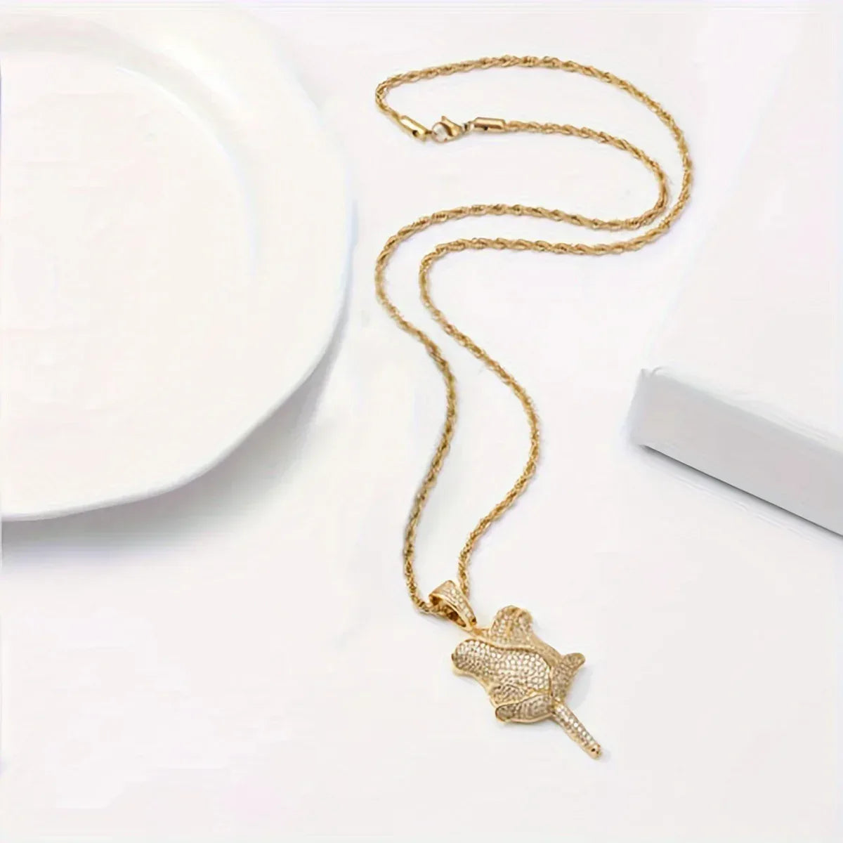 Unisex Iced Out Rose Pendant | Solid Color Real Copper CZ Necklace - CaratixJewelry
