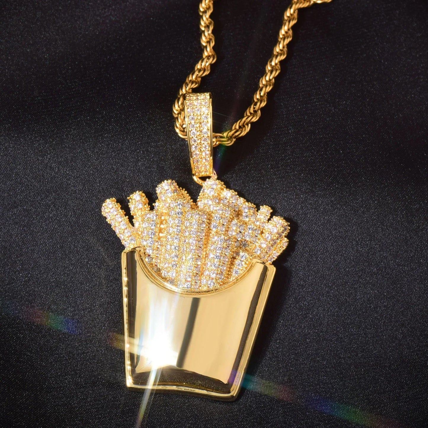 Iced Out French Fries Pendant Necklace | CZ Hip Hop Unisex Trendy Jewelry - CaratixJewelry