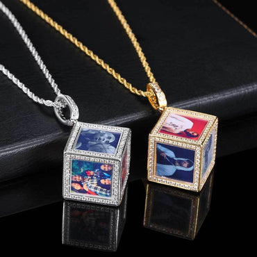 Custom Cube Memory Photo Pendant Necklace with Micro-Pave Zircon Stones | Caratix Jewelry - CaratixJewelry