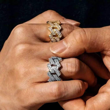 14mm -Shaped Cuban Ring with Double Row Zircon Stones and 18K Gold Plating for Men | Trendy Hip Hop Jewelry | Caratix Jewelry - CaratixJewelry