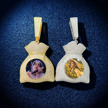 Money Bag Photo Pendant | Epoxy CZ Iced Out DIY Custom Hip Hop Necklace - CaratixJewelry