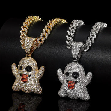Large Tongue Out Ghost Pendant Necklace with Micro-Pave Zircon for Men | Caratix Jewelry - CaratixJewelry